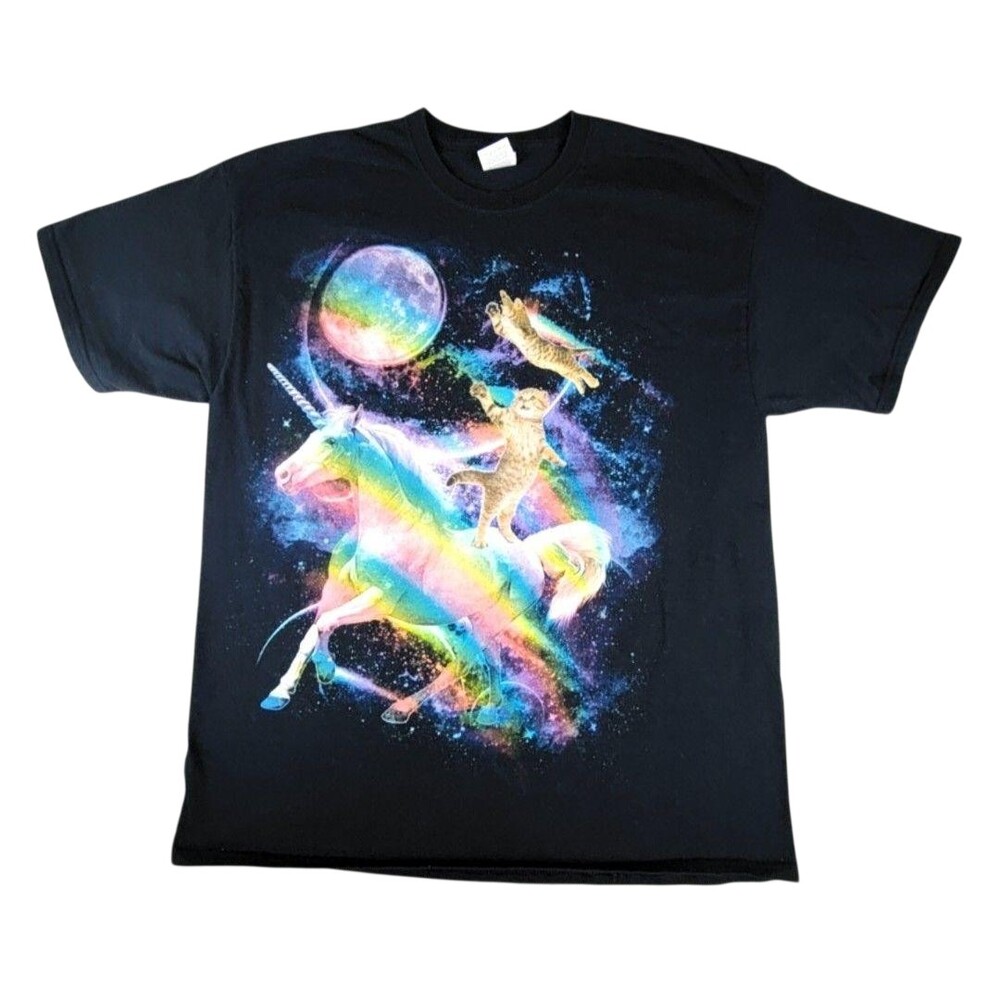 Fruit Of The Loom Shirt Mens XL Black Unicorn Cat Galaxy Rainbow Graphic Tee